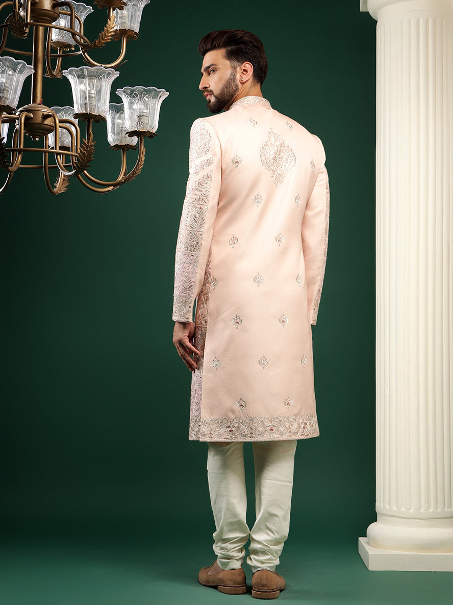 Coral Peach Color Embroidered Sherwani