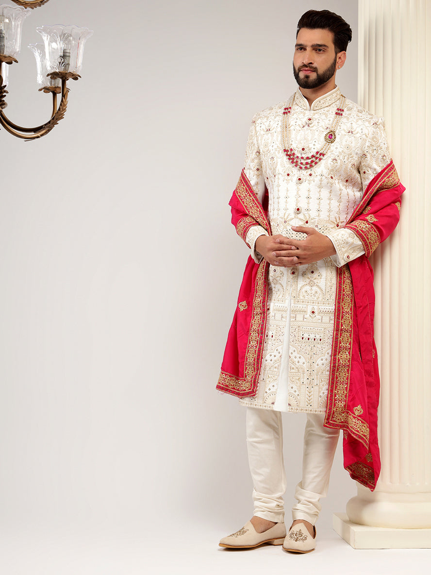 Elegant Off White Raw Silk Sherwani Set