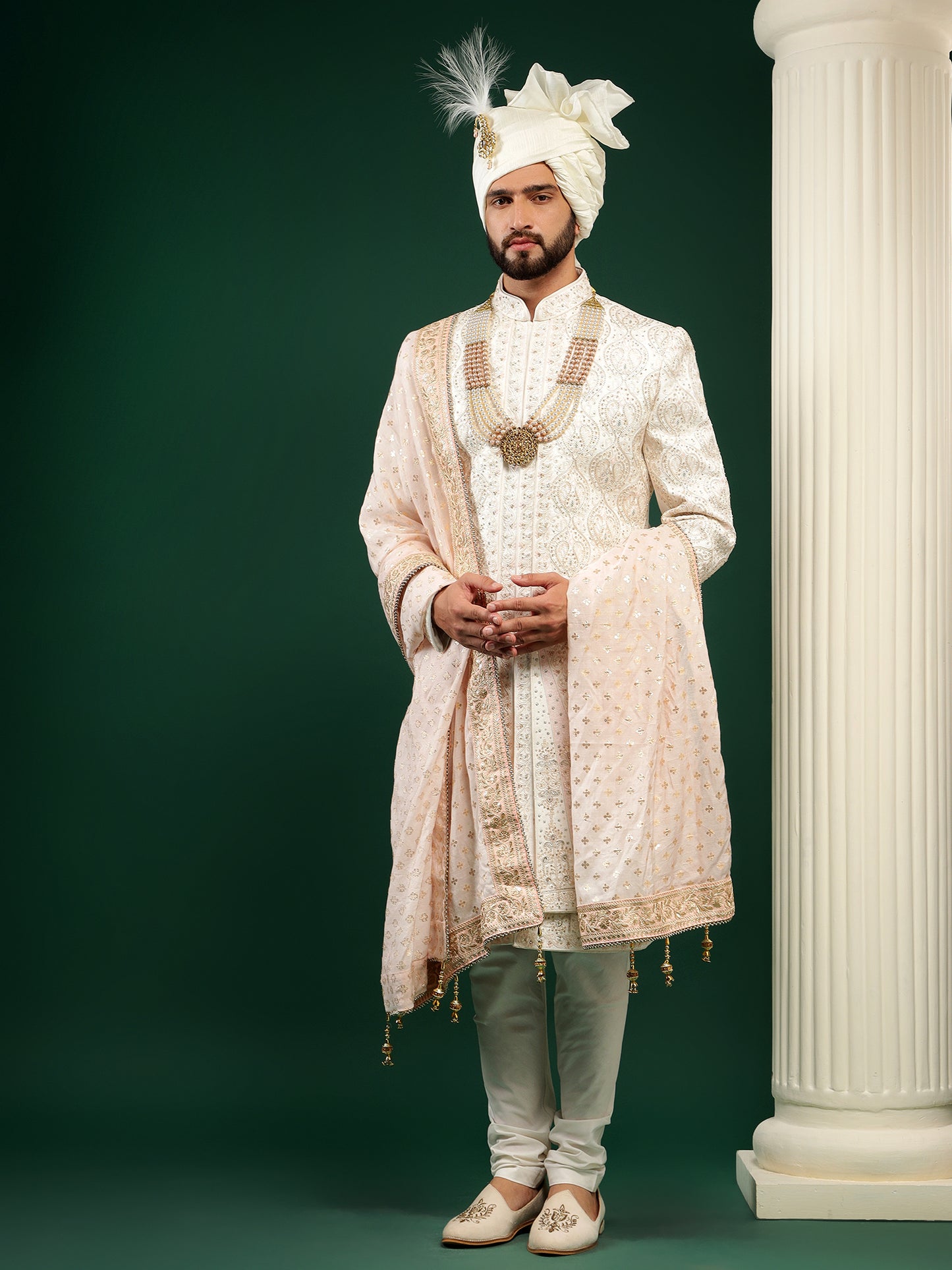 Pearl White Achkan Style Traditional Embroidery Sherwani