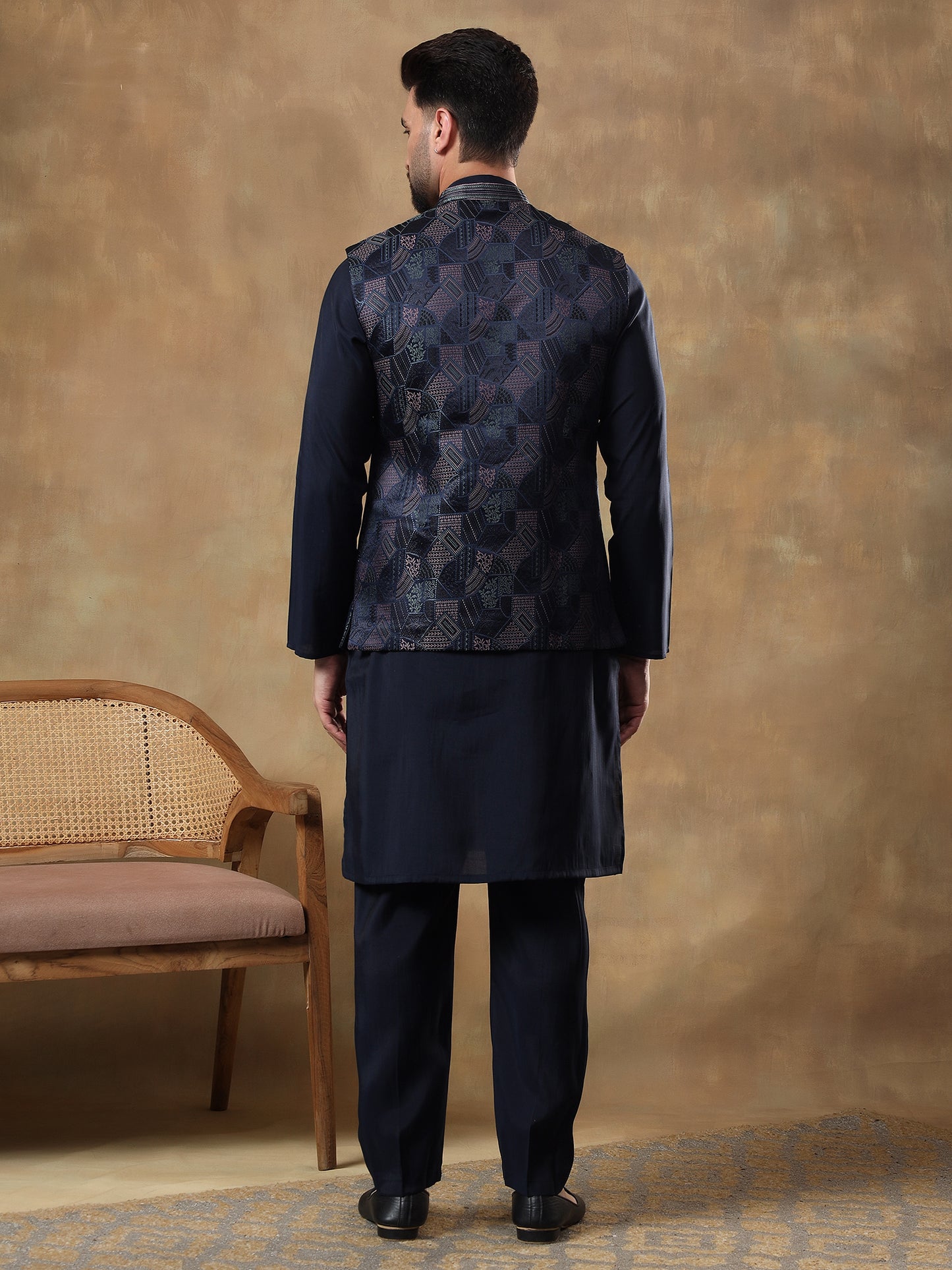 IMPERIAL BLUE GRID PATTERNED KURTA JACKET SET