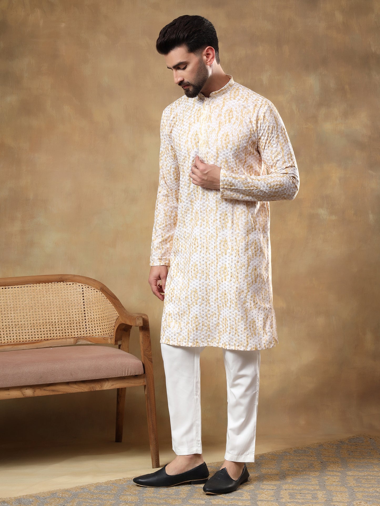 CREAM CHIKANKARI SEQUINNED KURTA WITH MUSTARD PRINT PATTERN