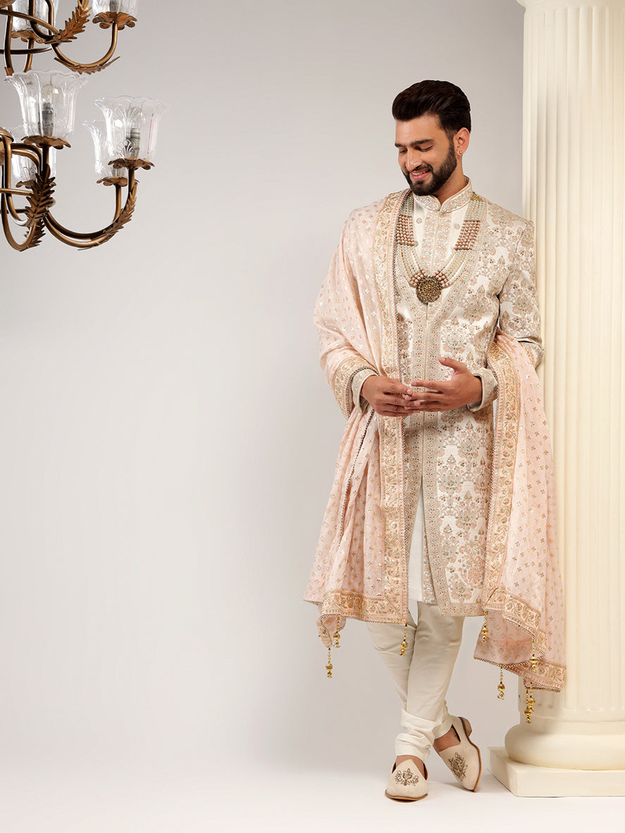 Stylish Cream Silk Groom Sherwani With Threadwork Embroidery