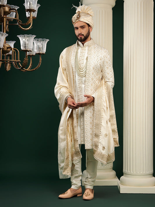 Cream Gold Achkan Style Sherwani Set