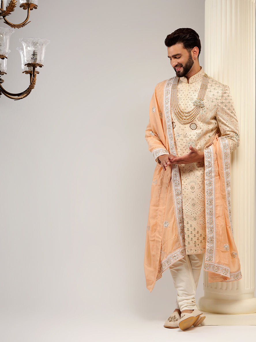 Contemporary Peach Color Designer Sherwani Set