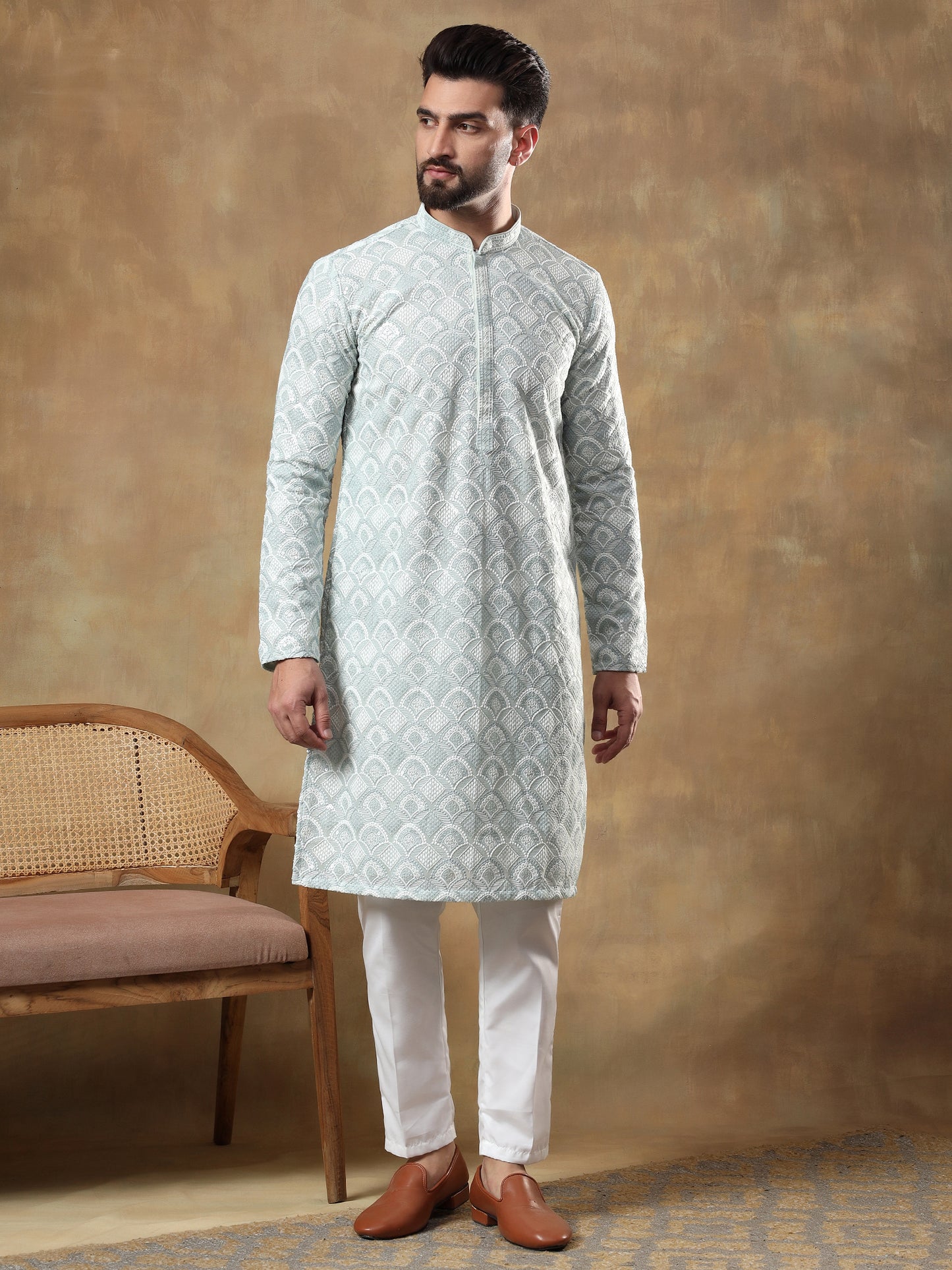PISTACHIO GREEN SELF PATTERNED KURTA SET