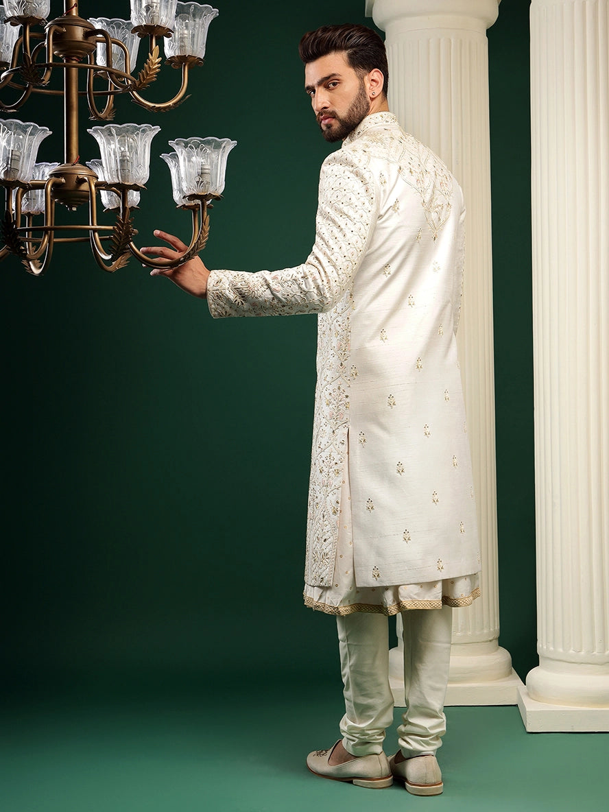 Pearl White Sherwani With Peach Motifs