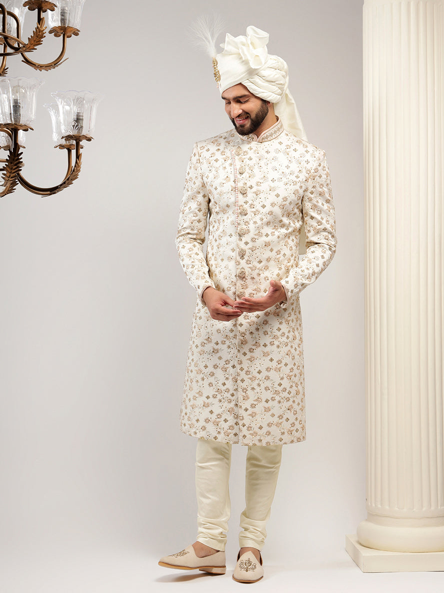 Pearled Ivory Floral Patterned Angrakha Style Sherwani Set
