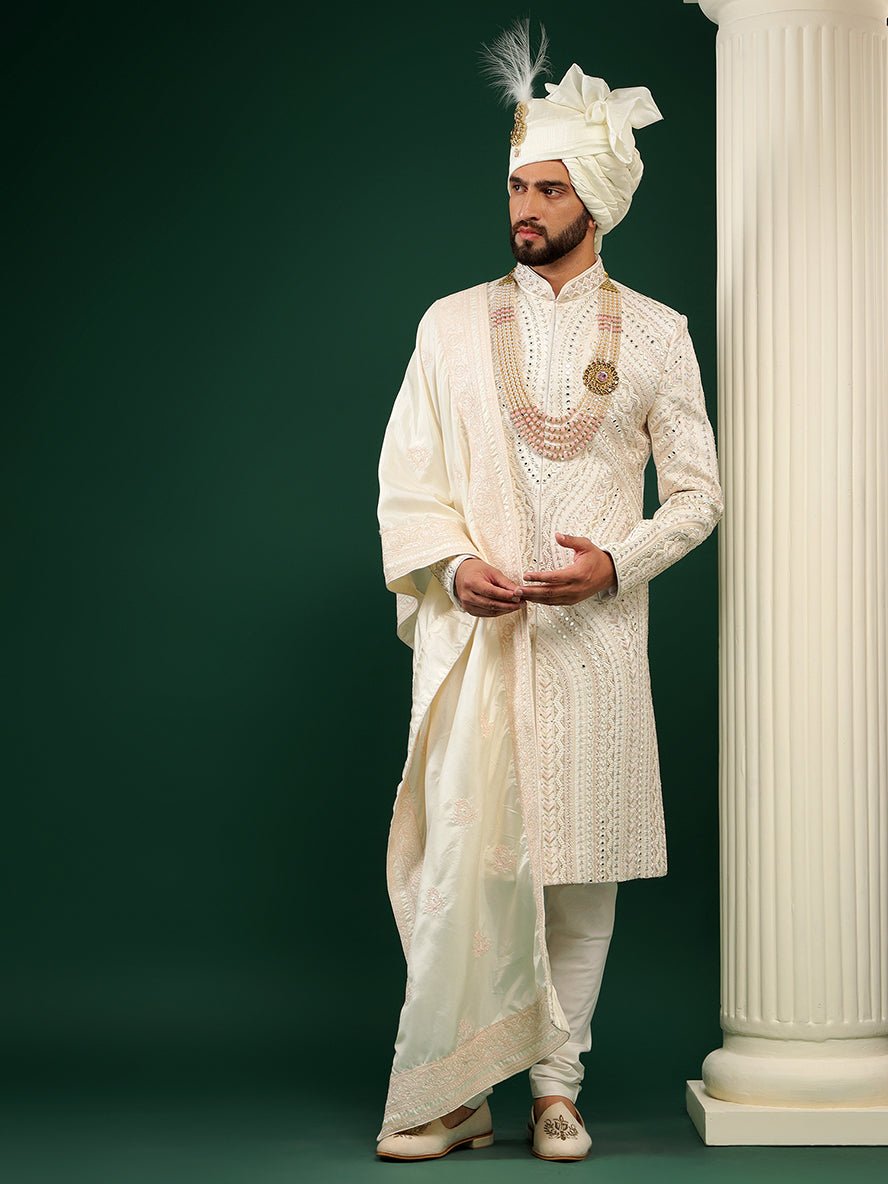 Off White Color Mirror Embellished Sherwani Set