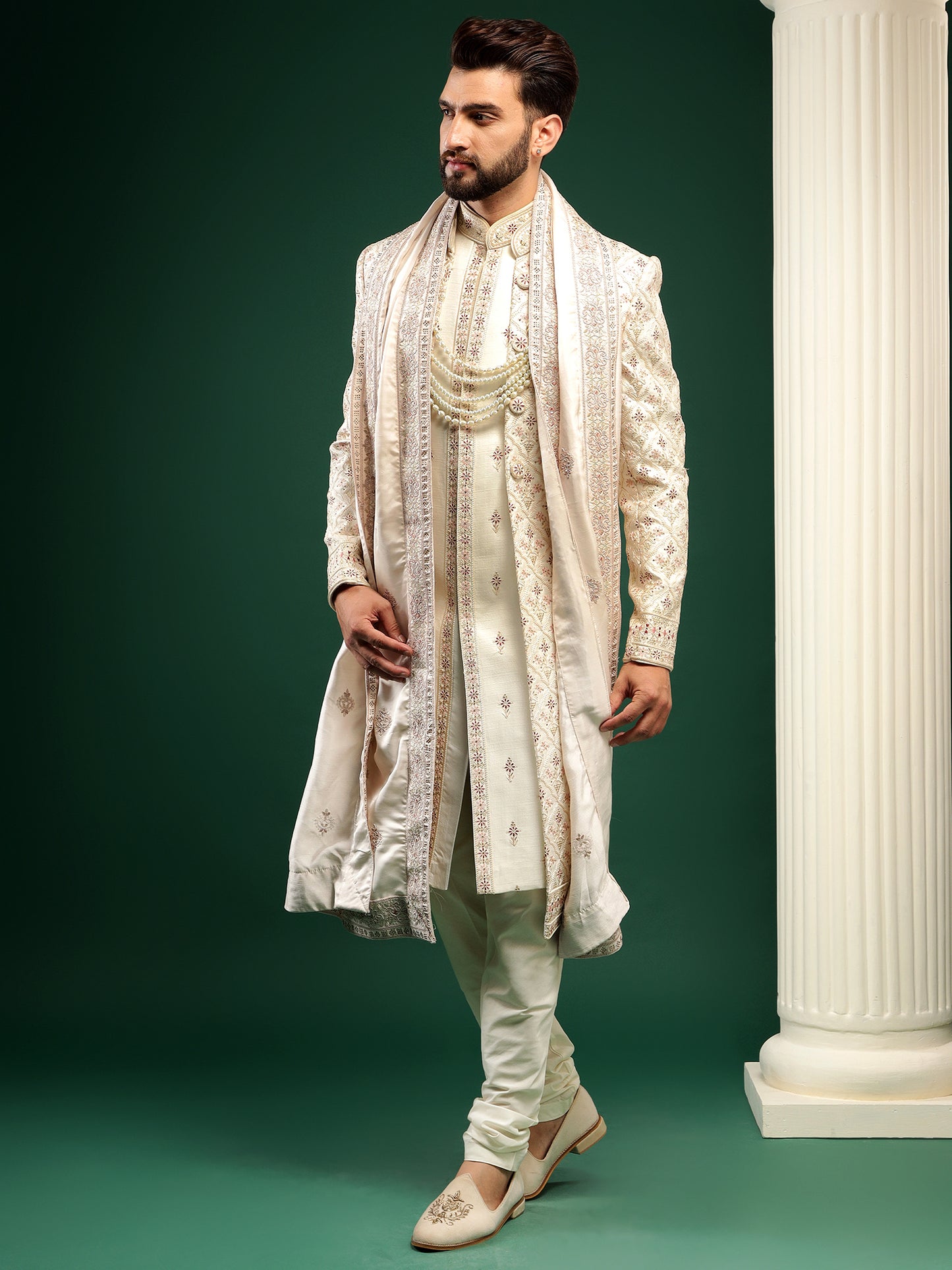 Charm white geometric pattern achkan style sherwani set