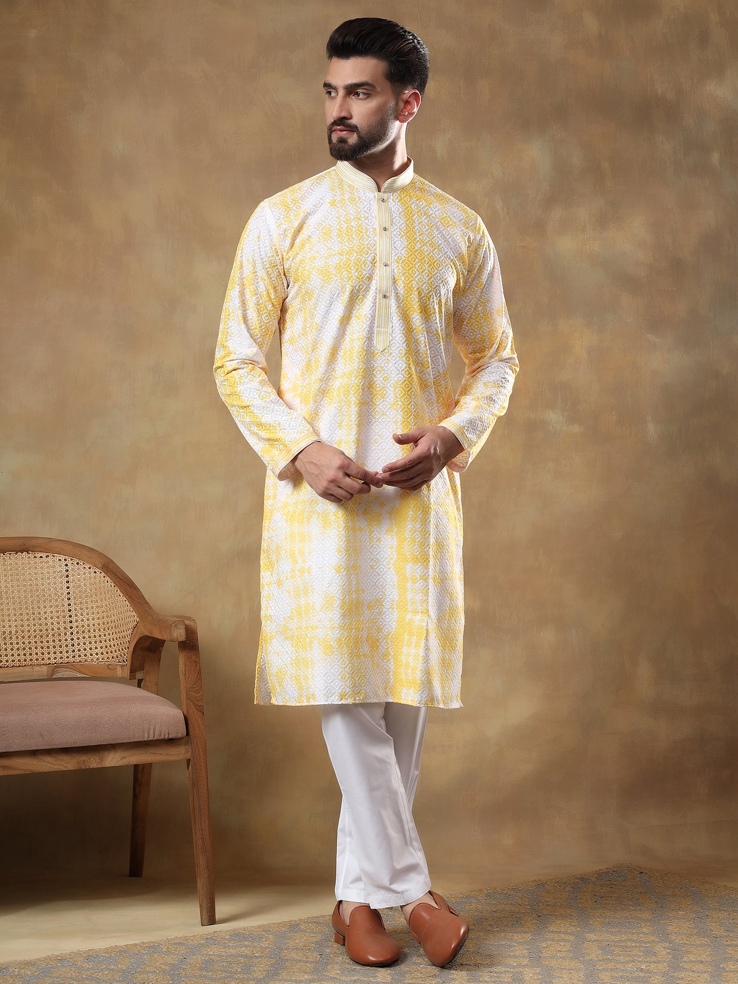 Off White Kurta With Mustard Yellow Print