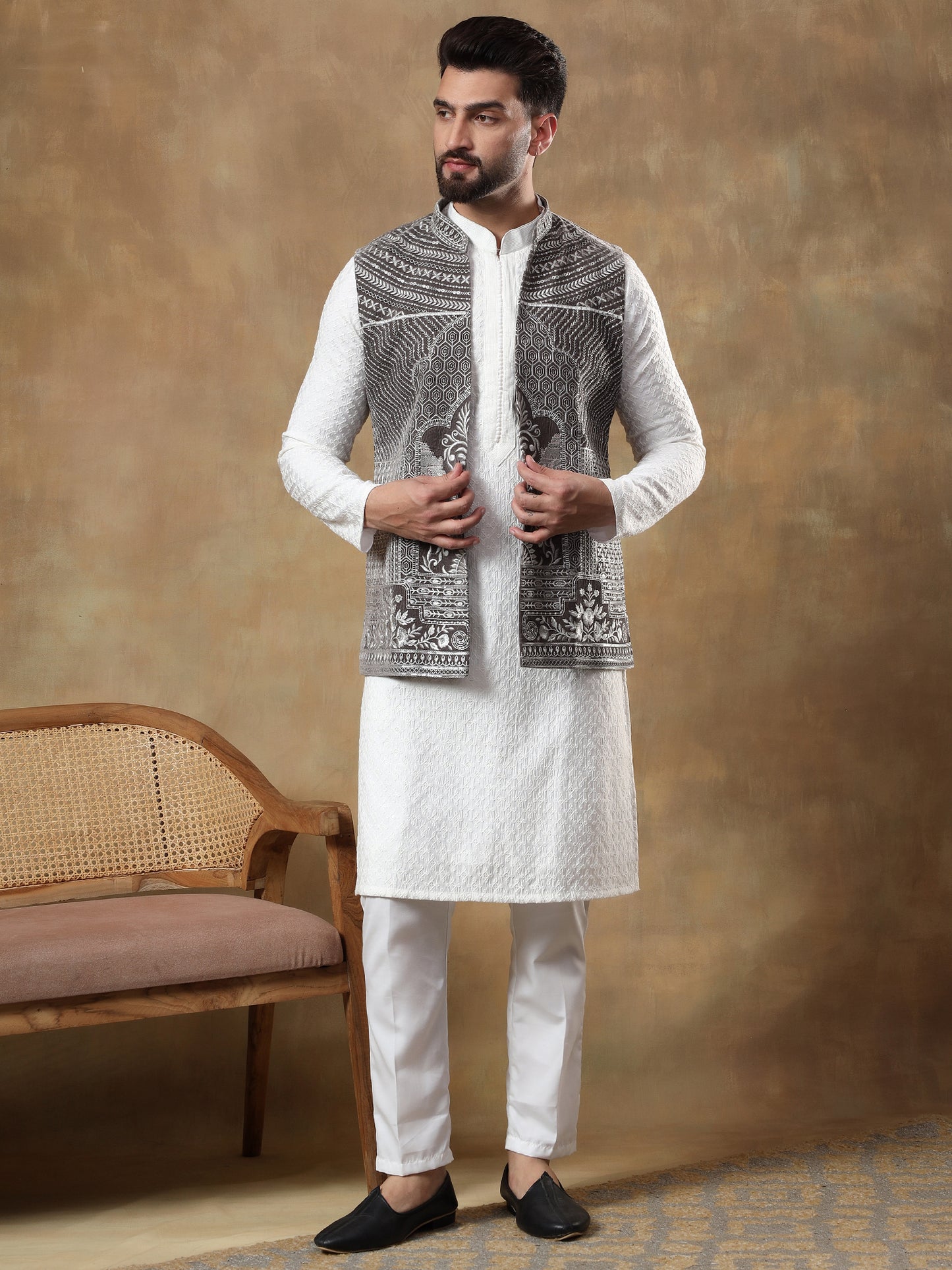 DARK GREY THREAD EMBROIDERED JACKET WITH CHIKANKARI KURTA SET
