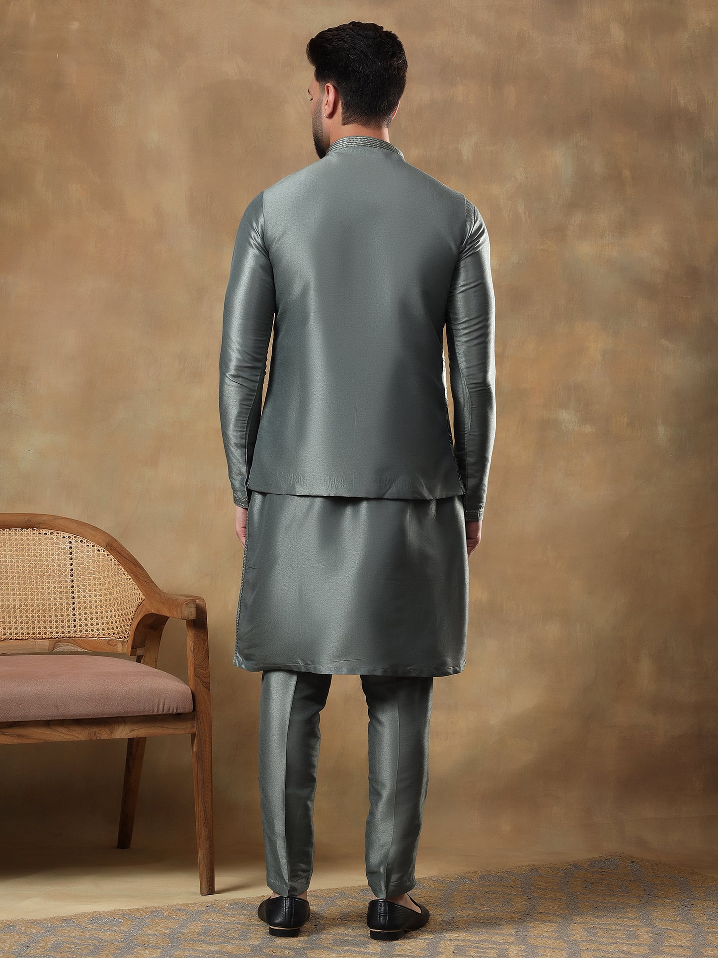 SAGE GREEN FLORAL PATTERNED KURTA JACKET SET