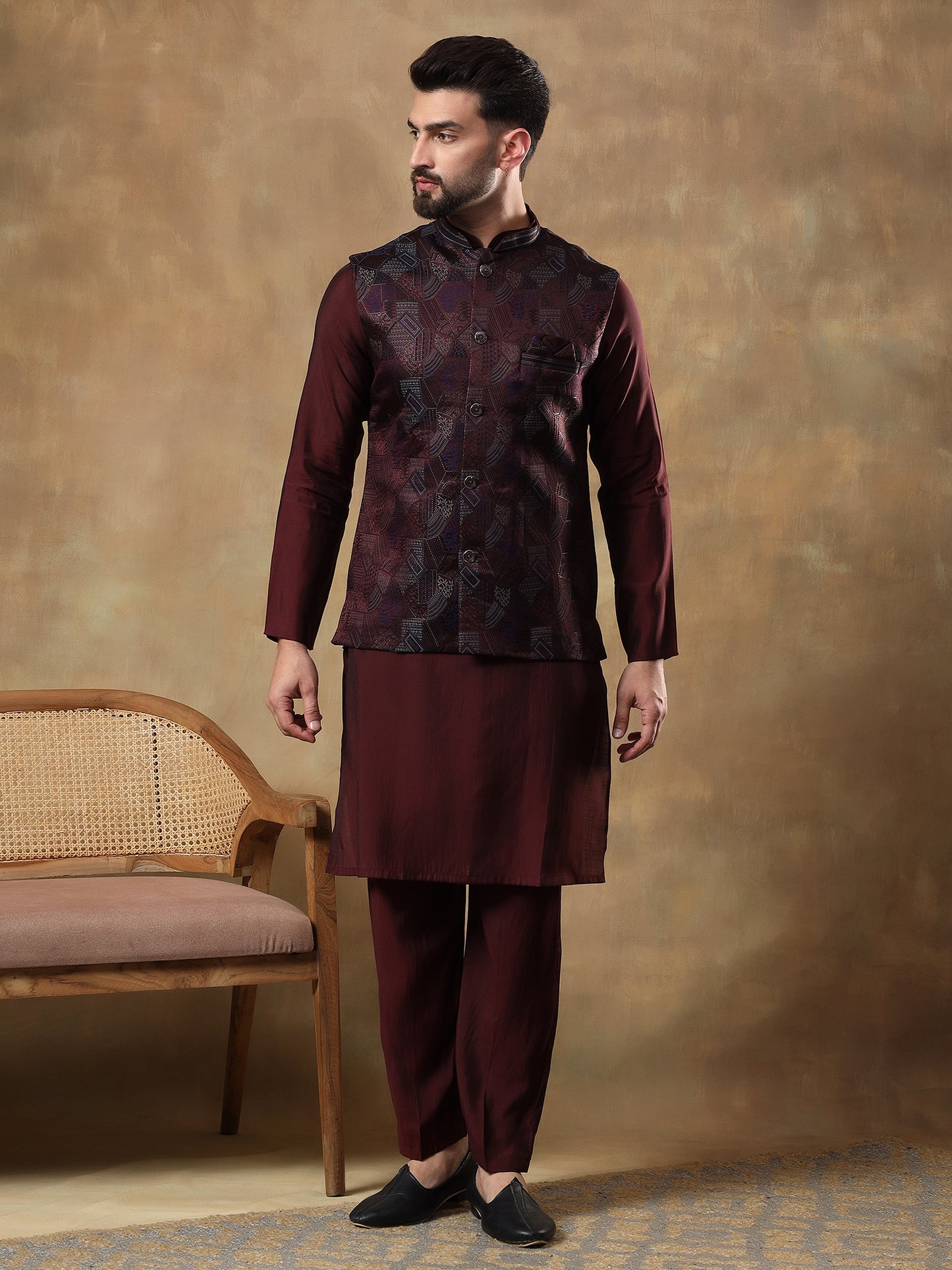 Deep Wine Grid Patterned Kurta Set