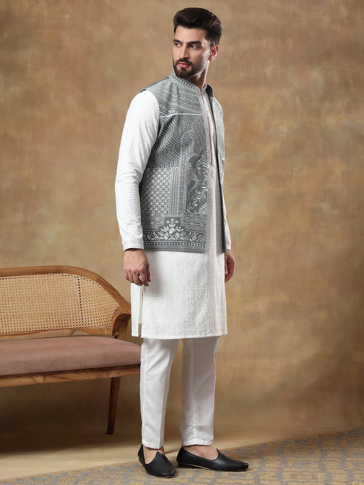 FERN GREEN THREAD EMBROIDERED JACKET WITH WHITE CHIKANKARI KURTA SET