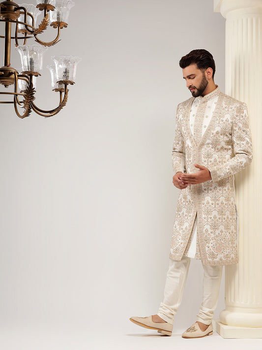 Stylish Cream Silk Groom Sherwani With Threadwork Embroidery