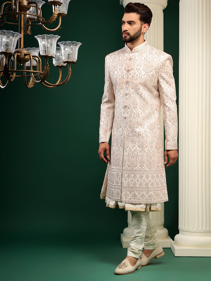 Powder pink raw silk sherwani set