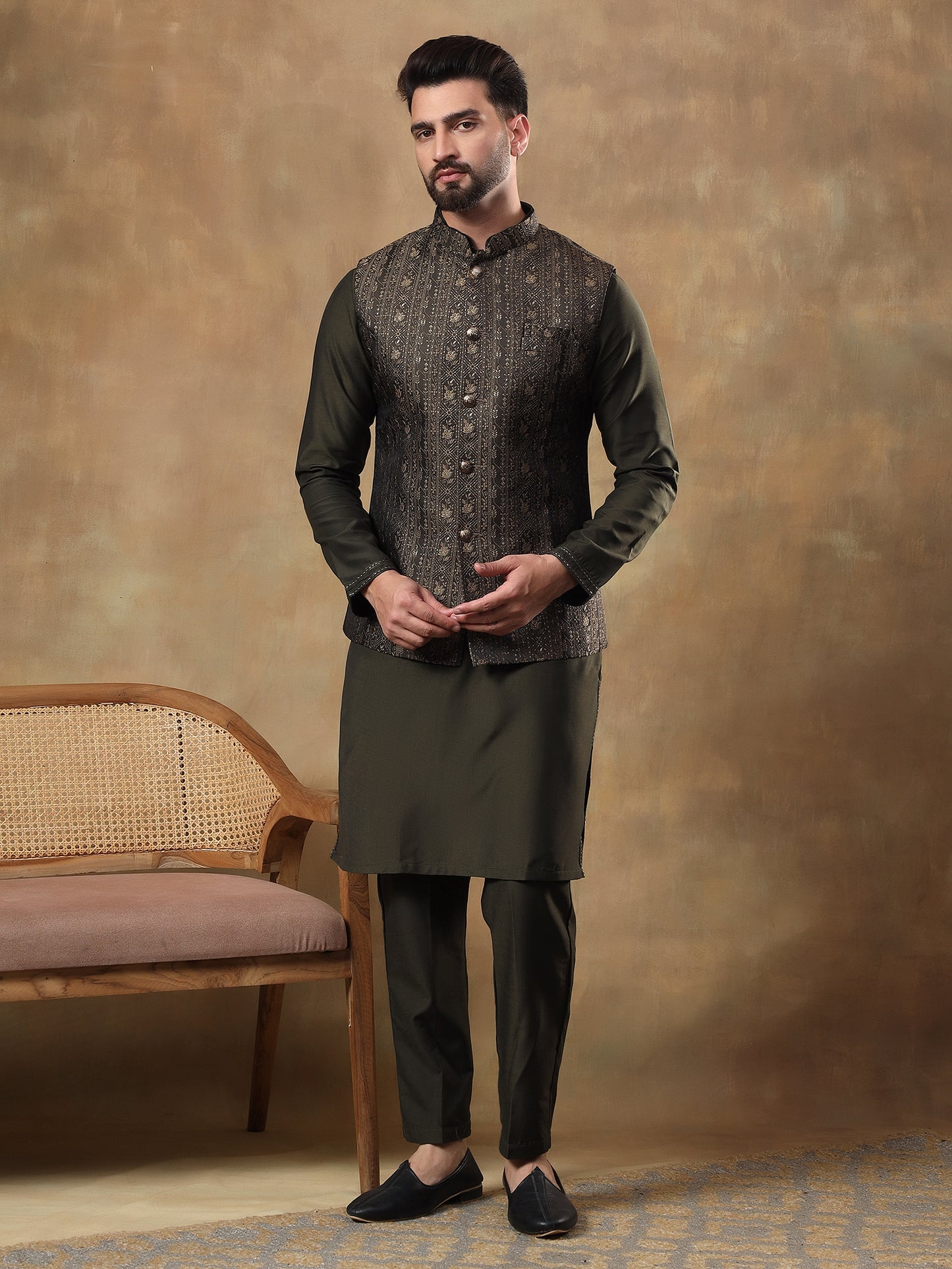 Bottle Green Belbuti Patterned Kurta Jacket Set