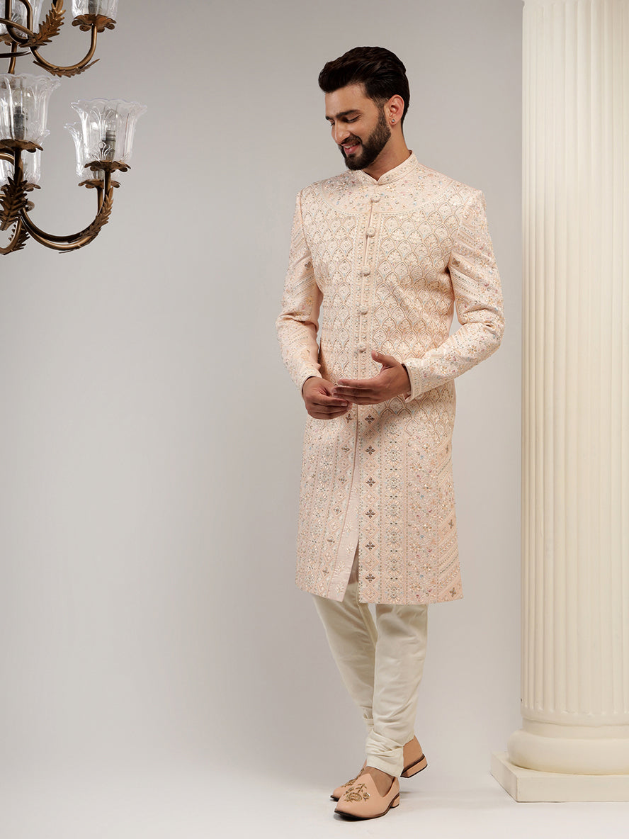 Peach Color Embroidery Sherwani Set