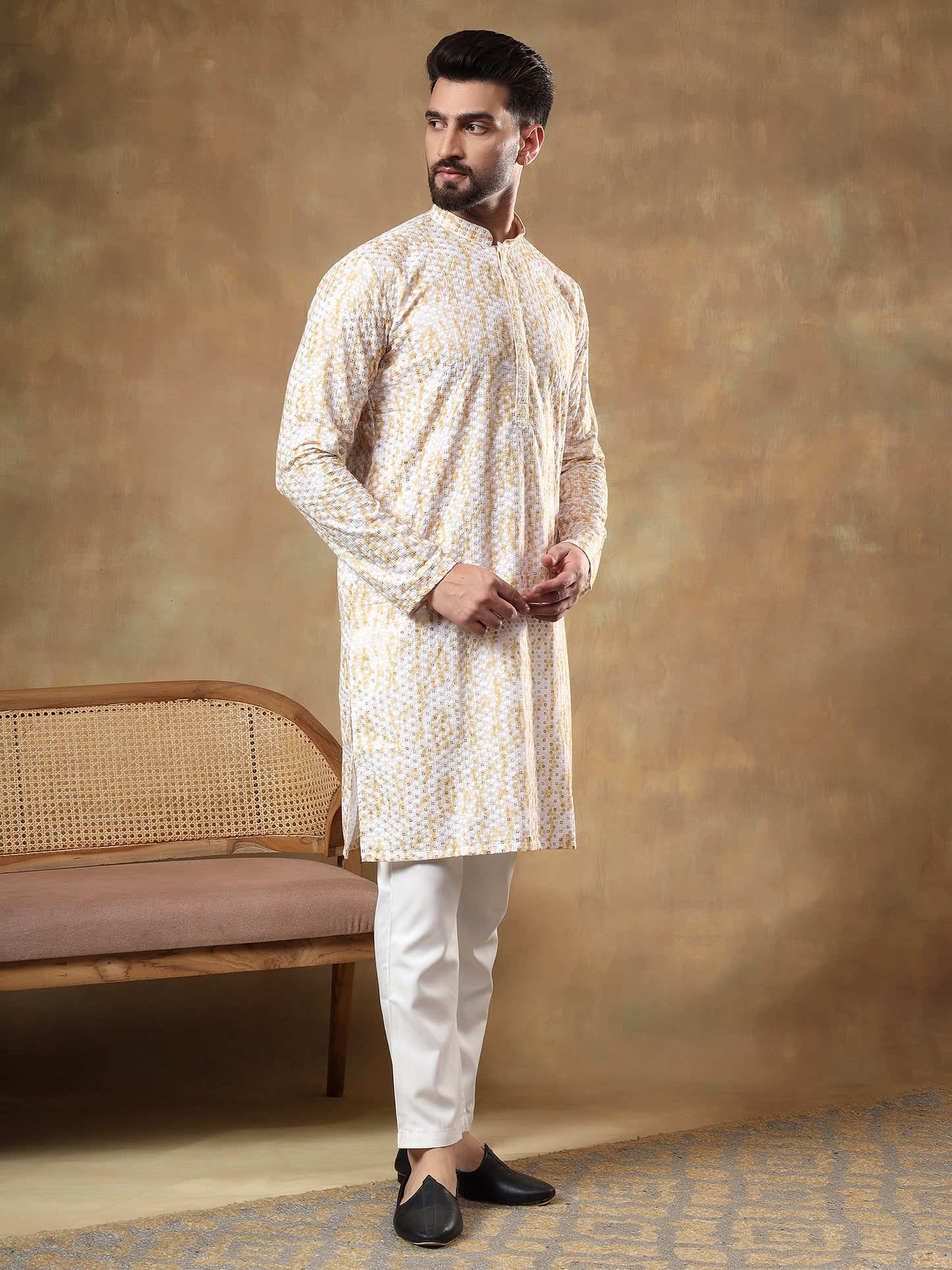CREAM CHIKANKARI SEQUINNED KURTA WITH MUSTARD PRINT PATTERN