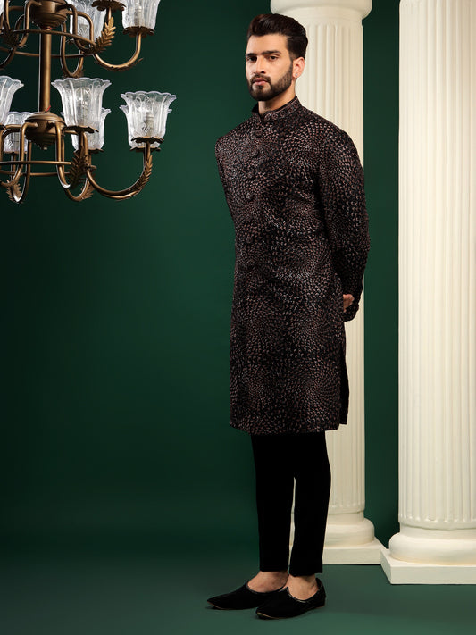 Royal Black Indowestern With Splendid Rust Patterns