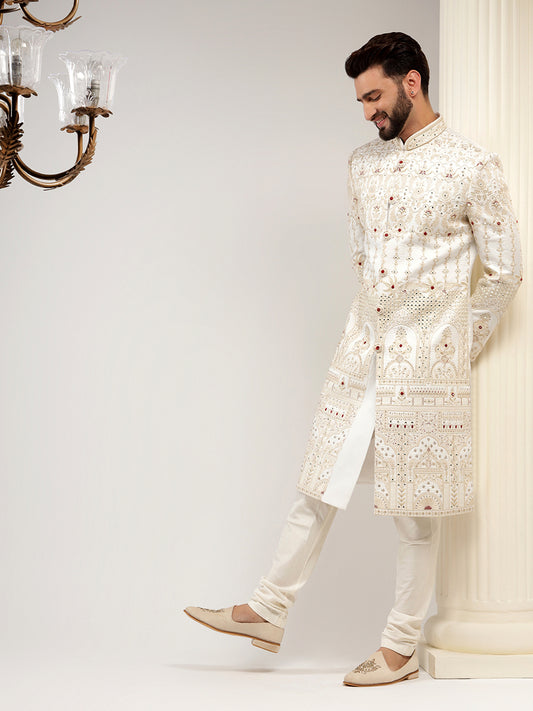Elegant Off White Raw Silk Sherwani Set