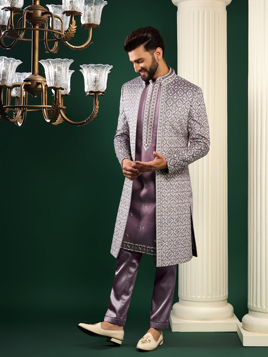 Mauve Purple Phulkari Patterned Indowestern Set