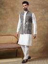 Dark Grey Thread Embroidered Jacket With Chikankari Kurta Set