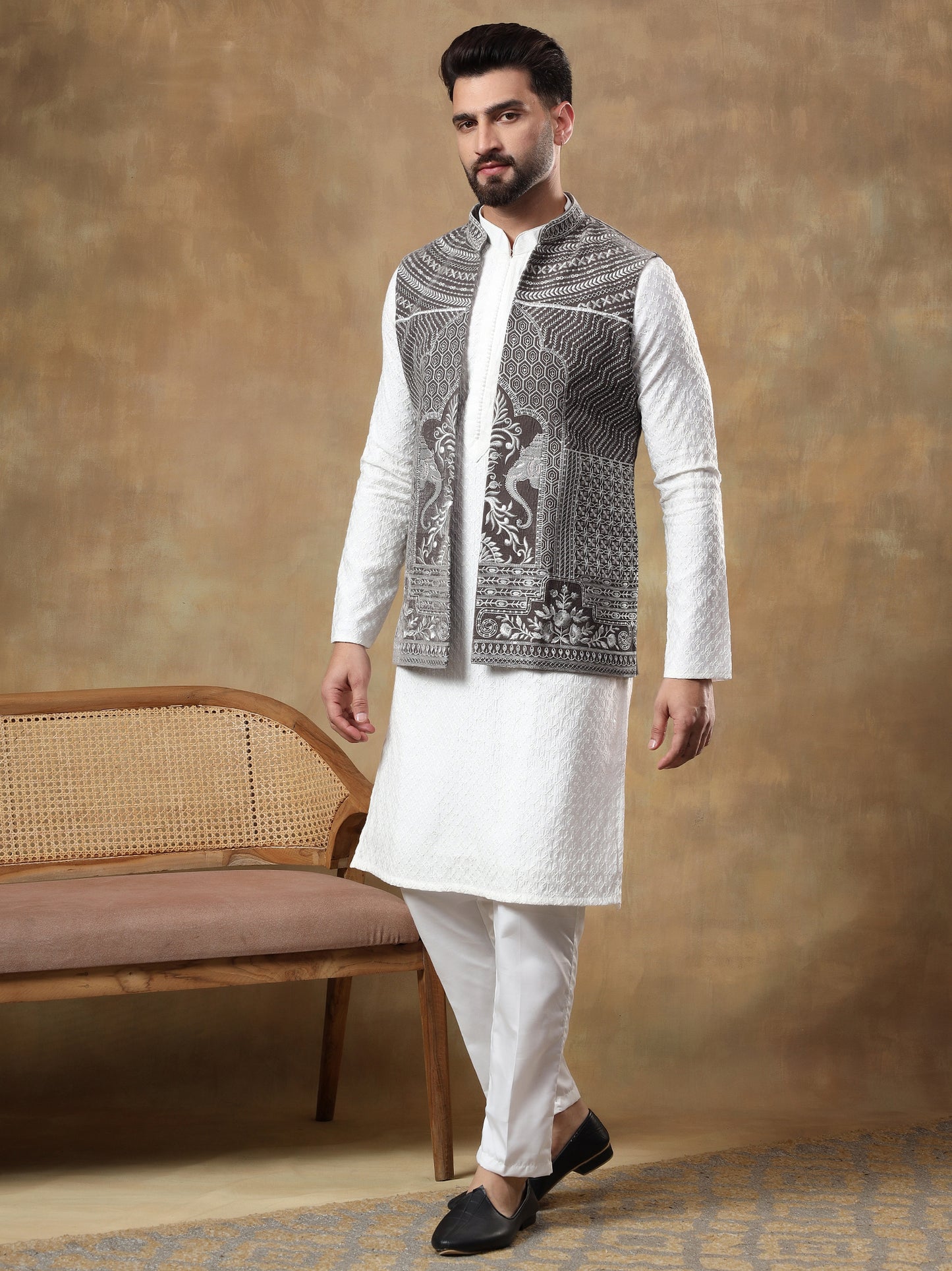 DARK GREY THREAD EMBROIDERED JACKET WITH CHIKANKARI KURTA SET