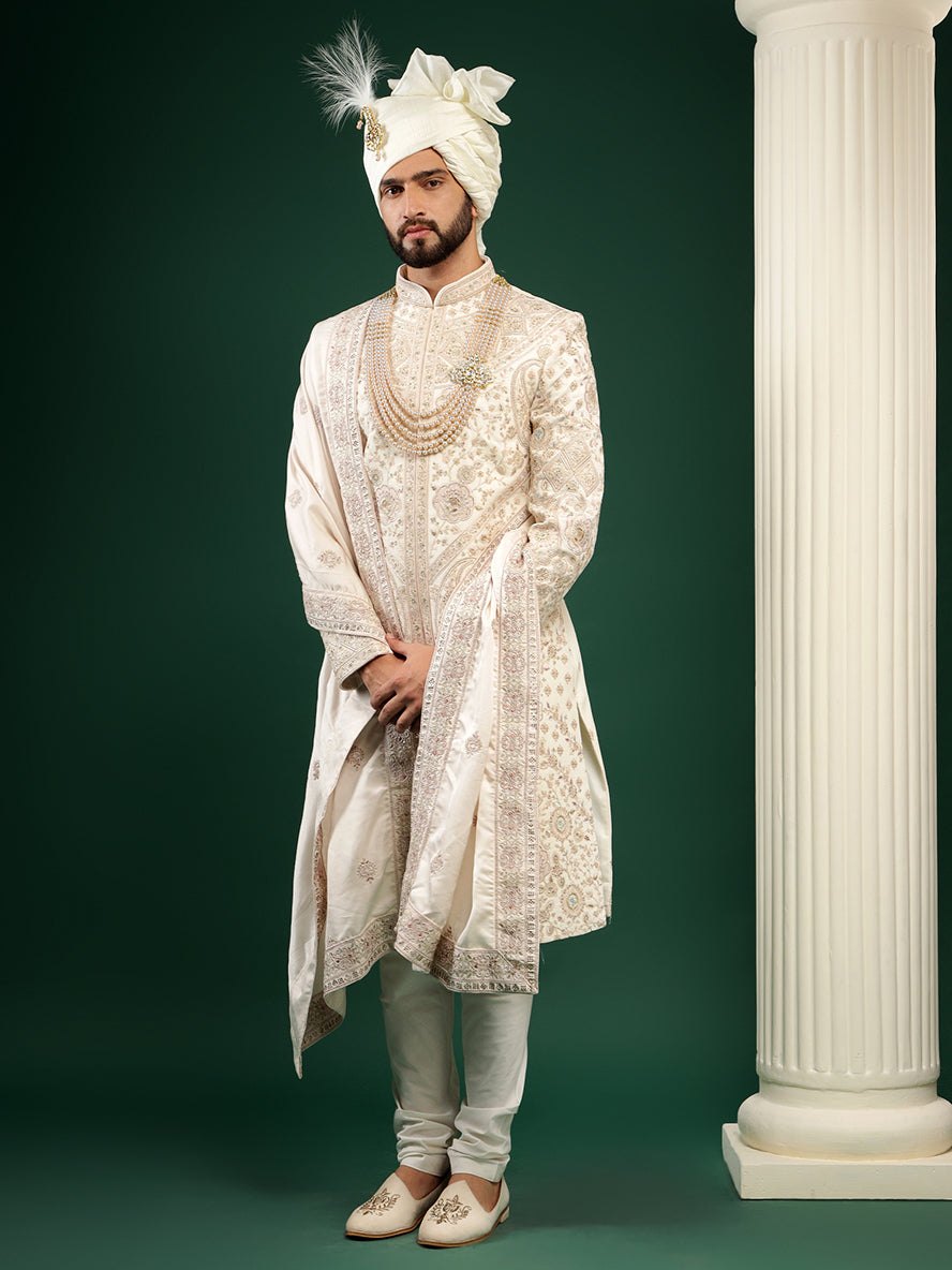 Pastel Cream Paisley Pattern Sherwani Set