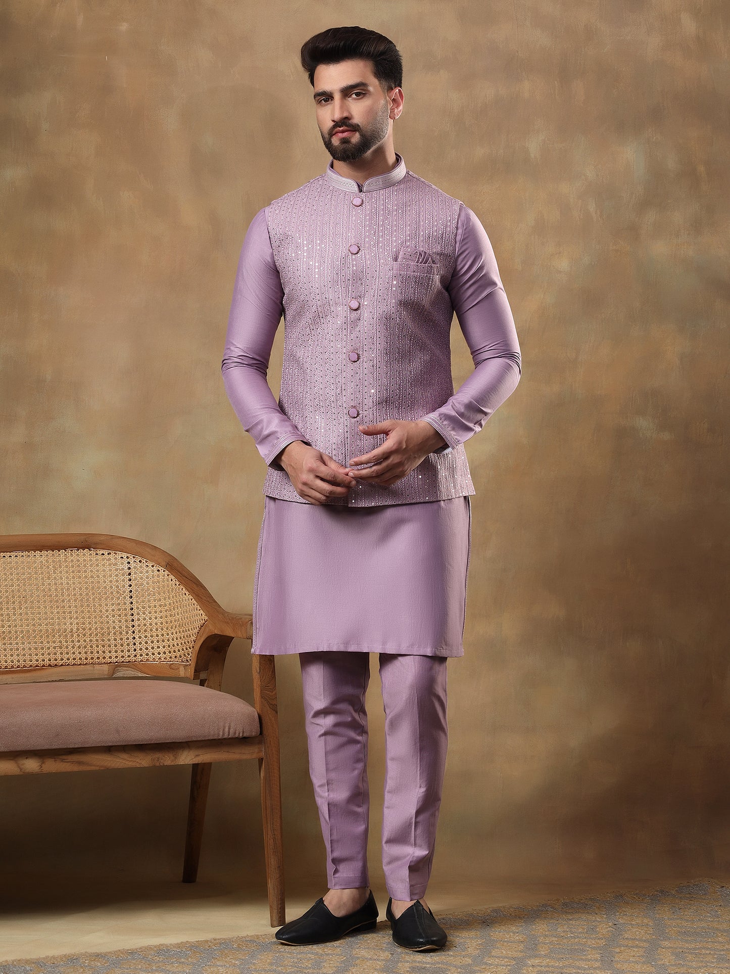 DUSTY LILAC BELBUTI EMBROIDERED JACKET WITH KURTA SET