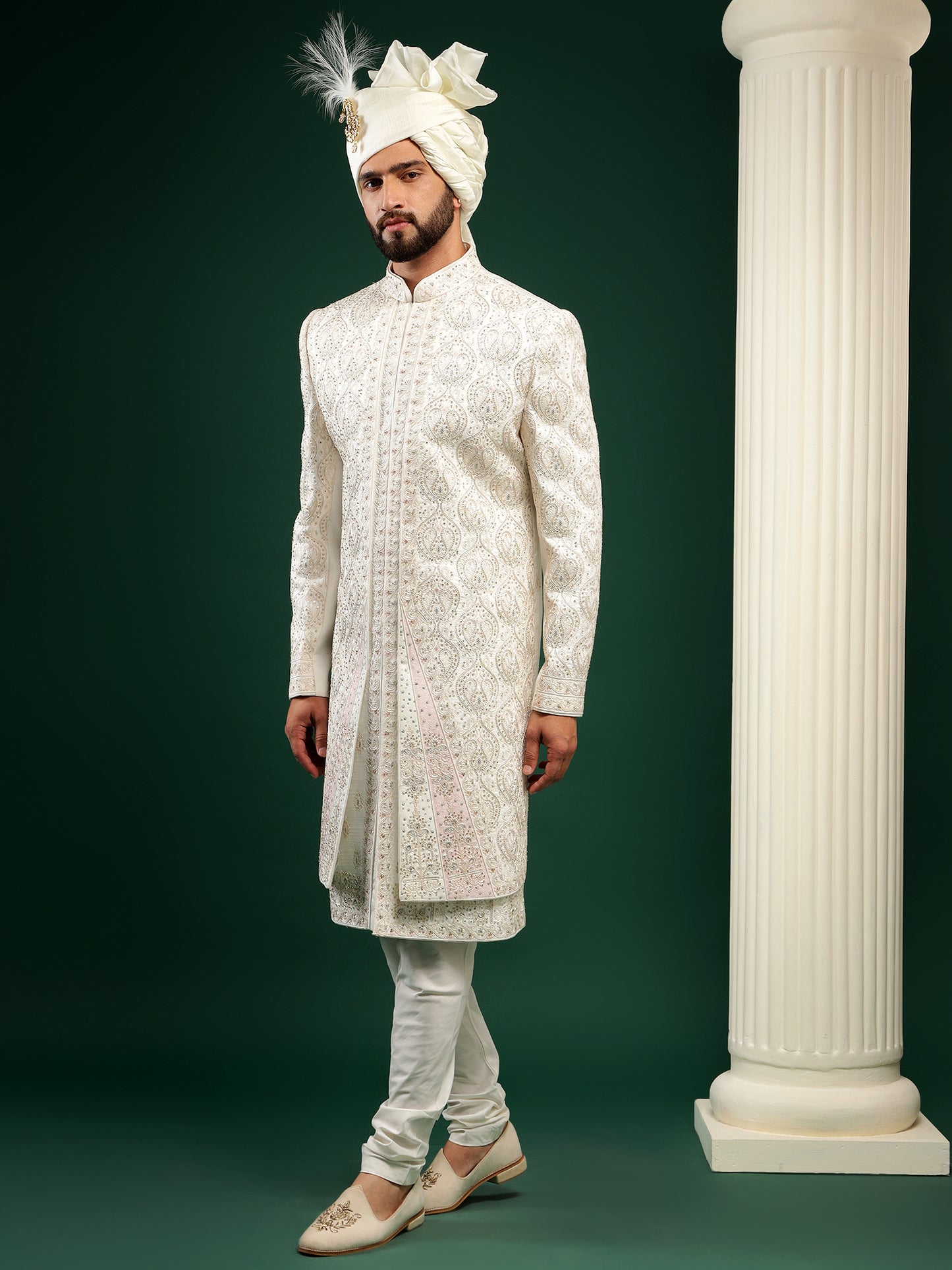 Pearl White Achkan Style Traditional Embroidery Sherwani