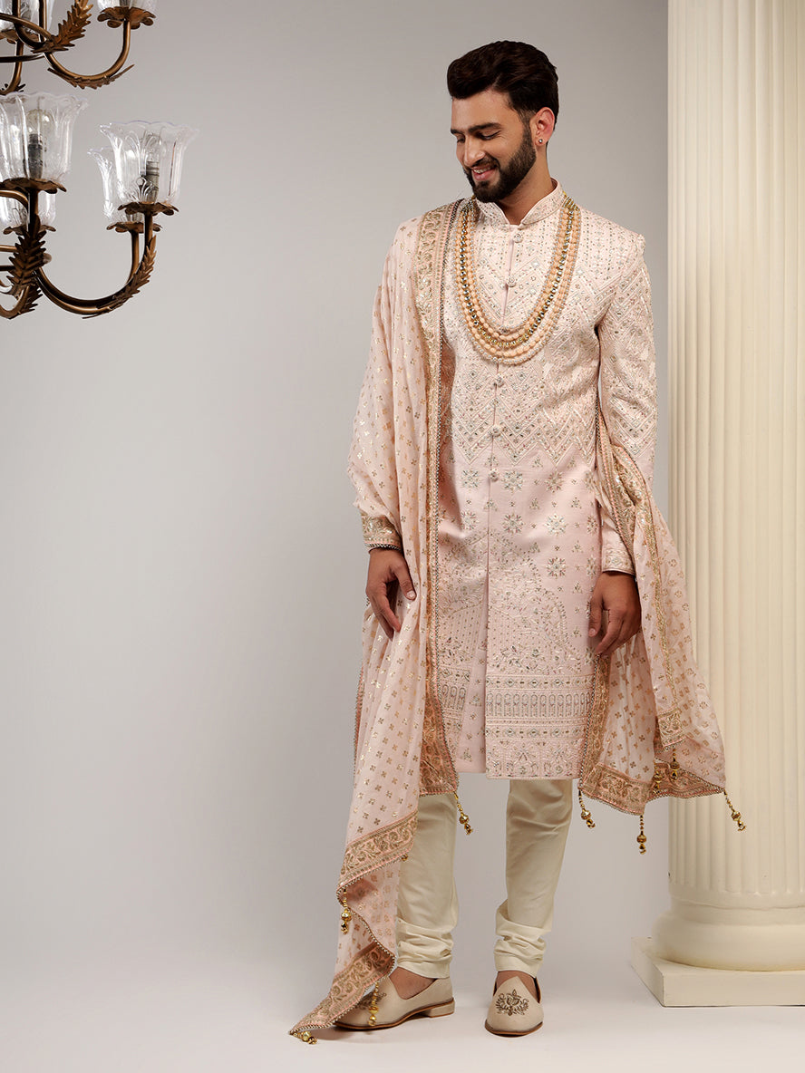 Hand Embroidered Raw Silk Light Pink Sherwani Set