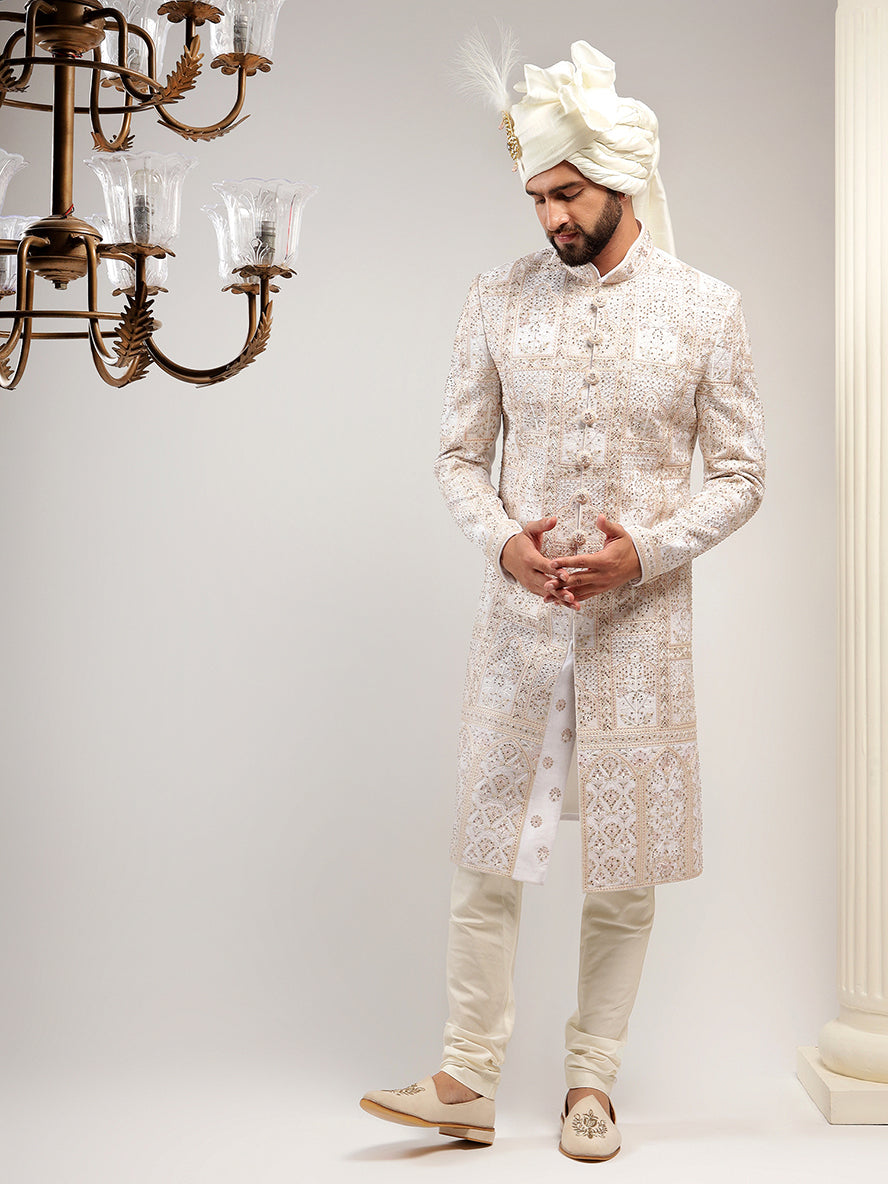 Enchanting Cream Color Self Embroidered Sherwani Set