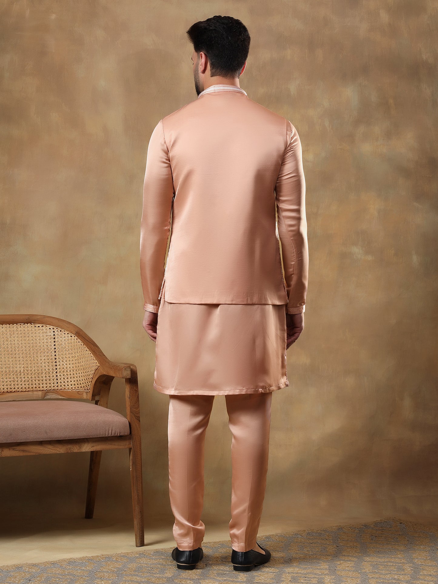 LIGHT PEACH MOTIFS EMBOIDERY JACKET SET WITH PEACH KURTA