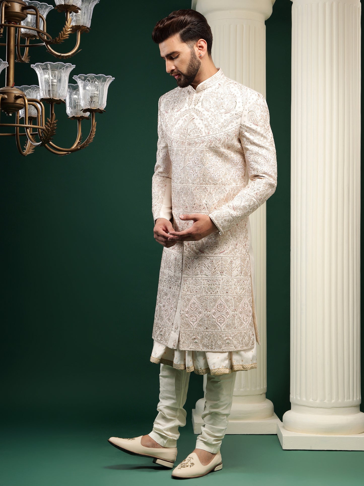 Rosegold color sherwani with heavy embroidery