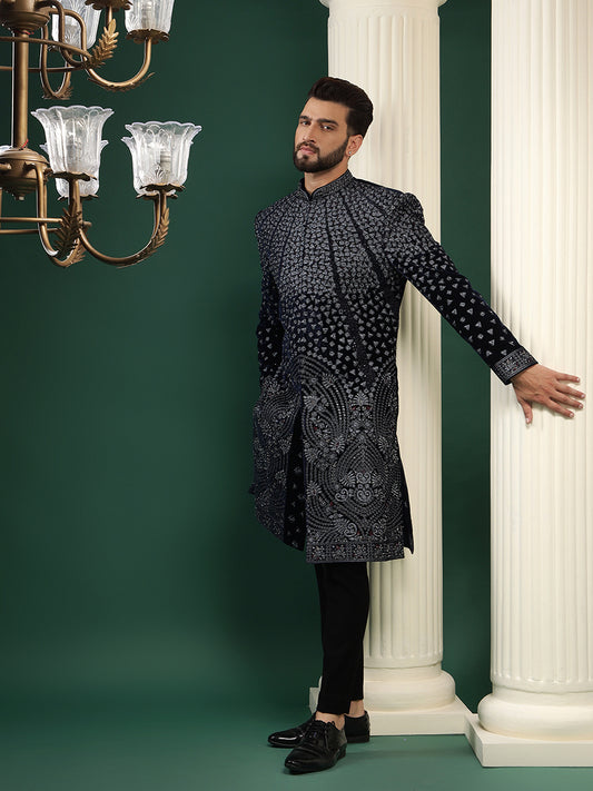 Iconic Blue Sequins Velvet Indowestern set