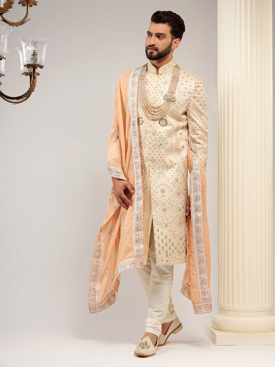Contemporary Peach Color Designer Sherwani Set