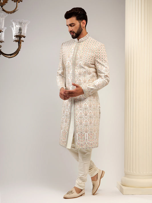 Pearl White Sherwani With Blush Pink Embroidery