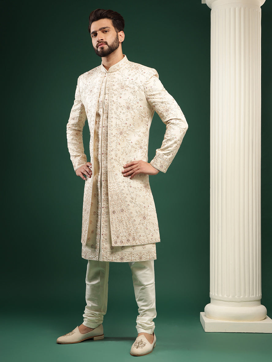 Pale Gold Jacket Style Sherwani With All Over Work