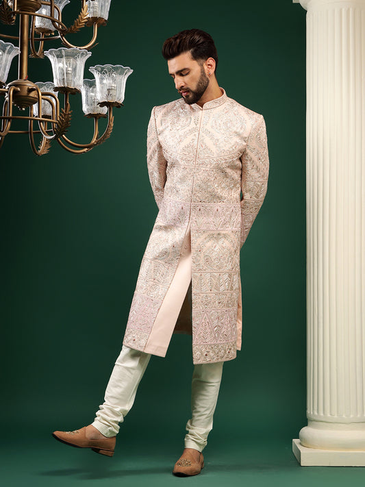 Coral Peach Color Embroidered Sherwani