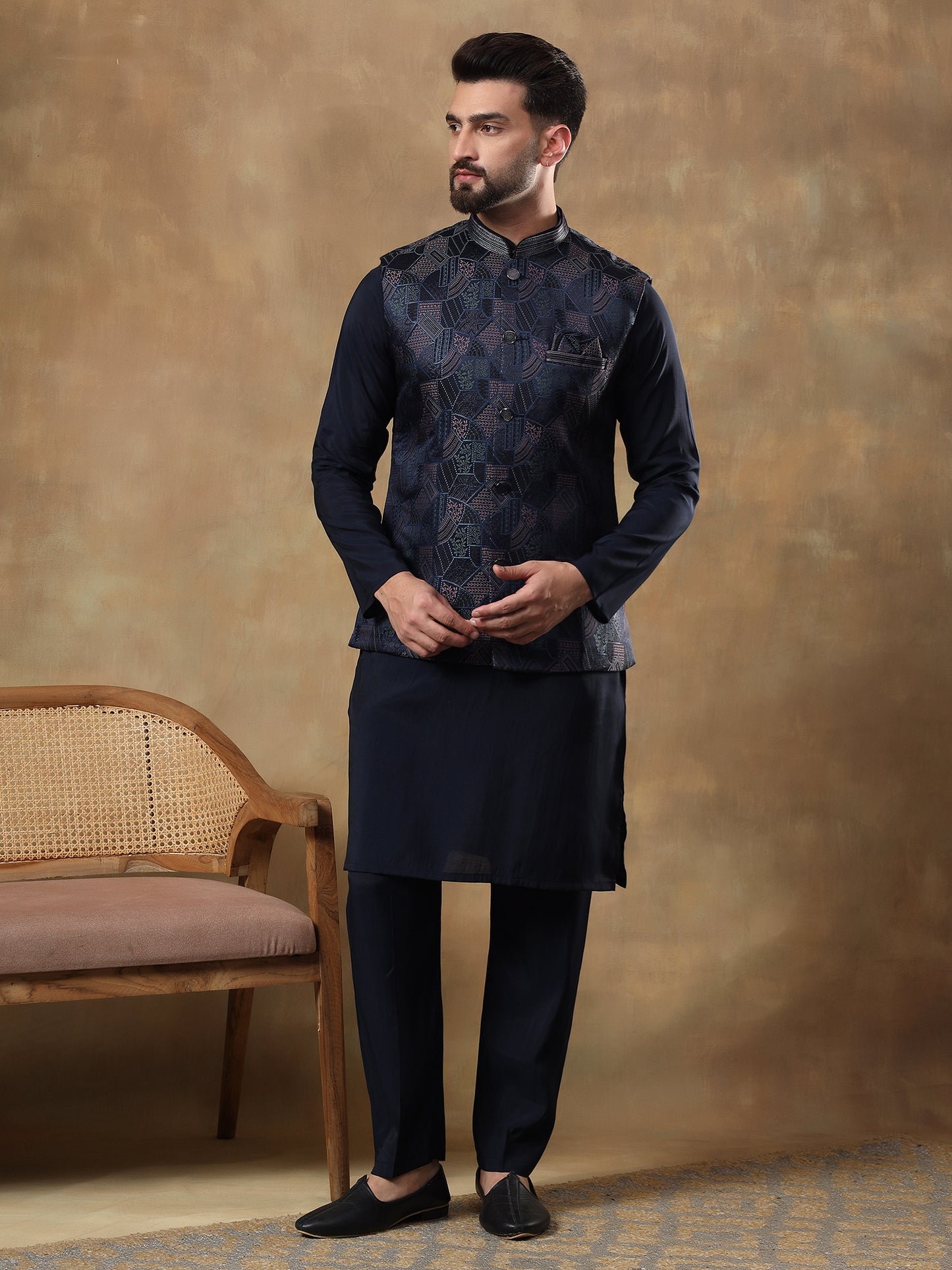 IMPERIAL BLUE GRID PATTERNED KURTA JACKET SET