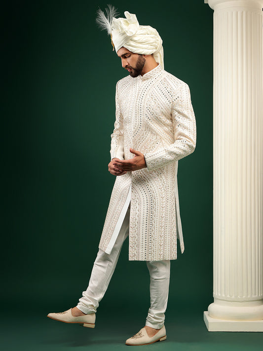 Off White Color Mirror Embellished Sherwani Set