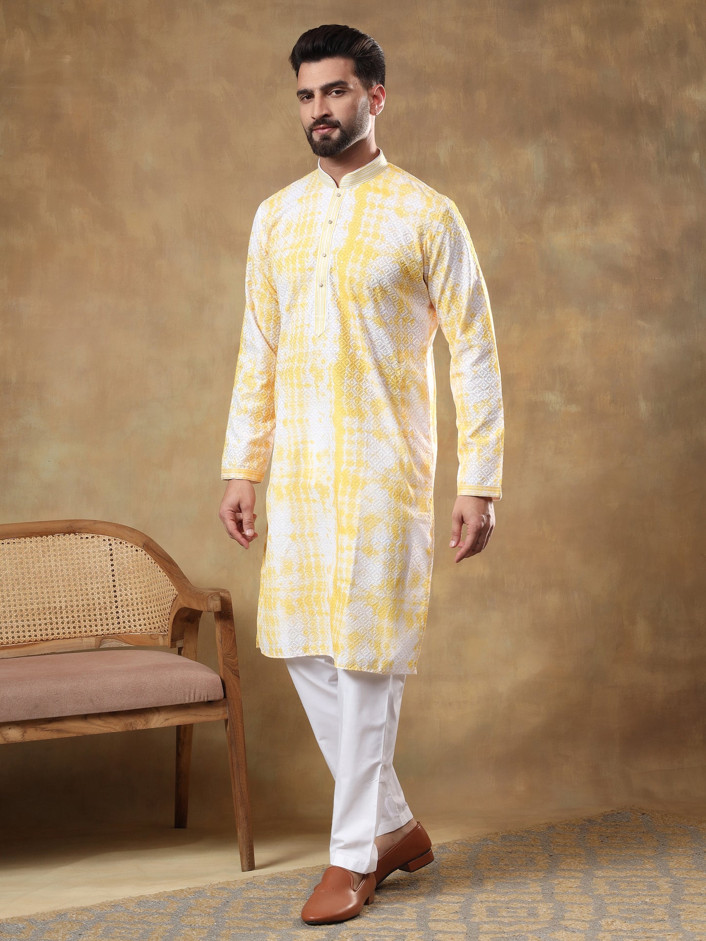 Off White Kurta With Mustard Yellow Print