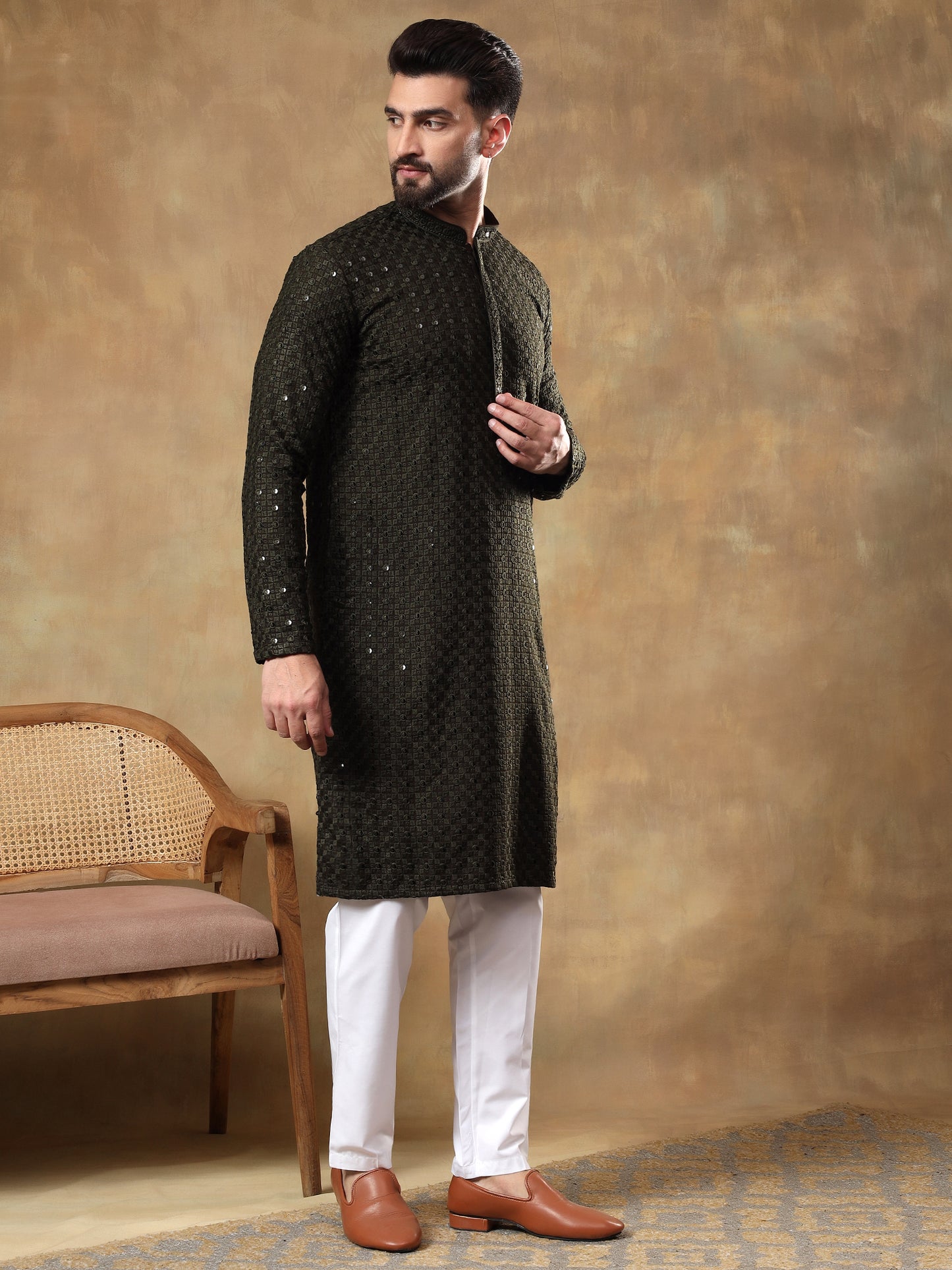 OLIVE GREEN SELF PATTERNED SEQUINSWORK KURTA SET
