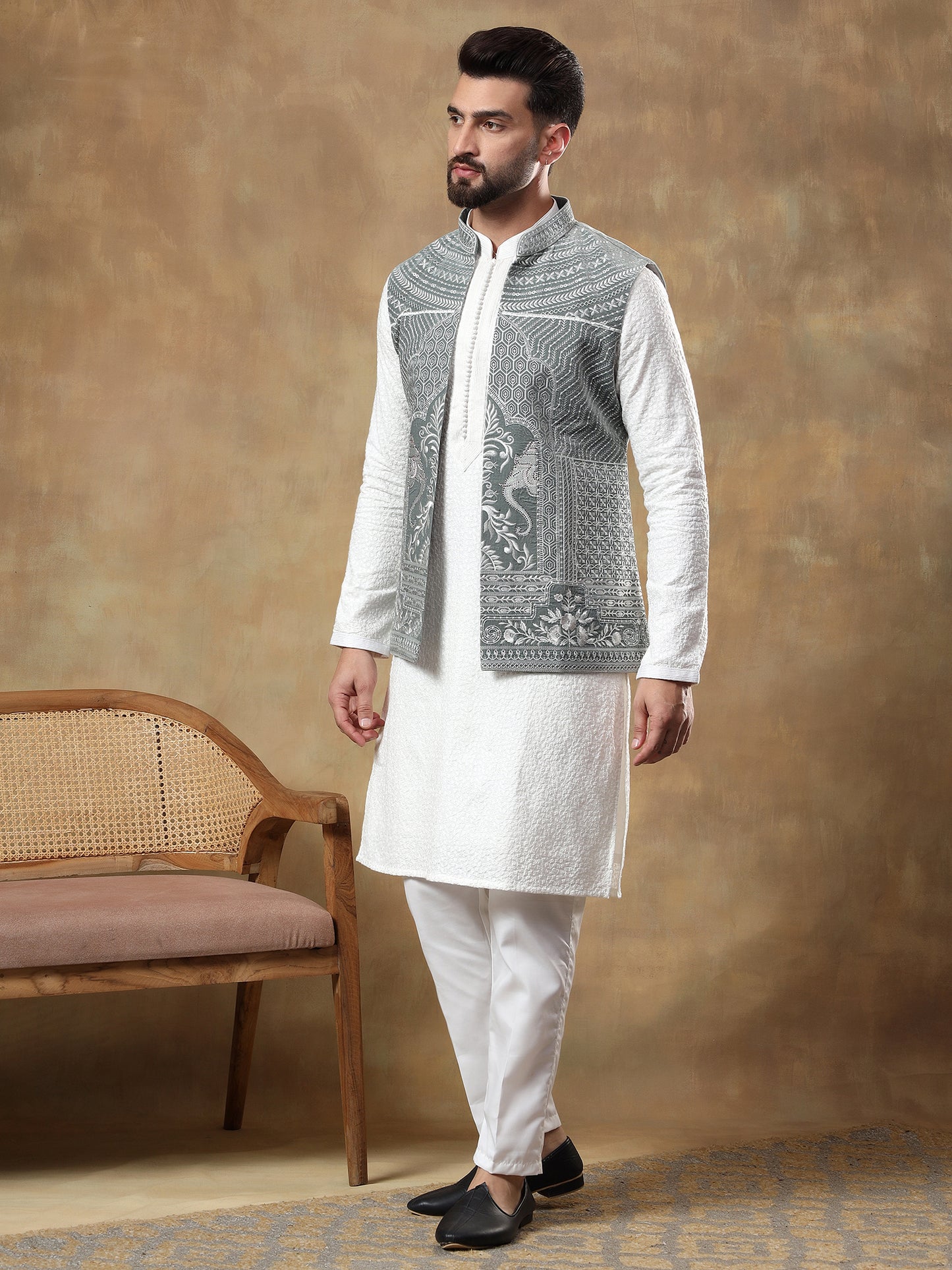 FERN GREEN THREAD EMBROIDERED JACKET WITH WHITE CHIKANKARI KURTA SET