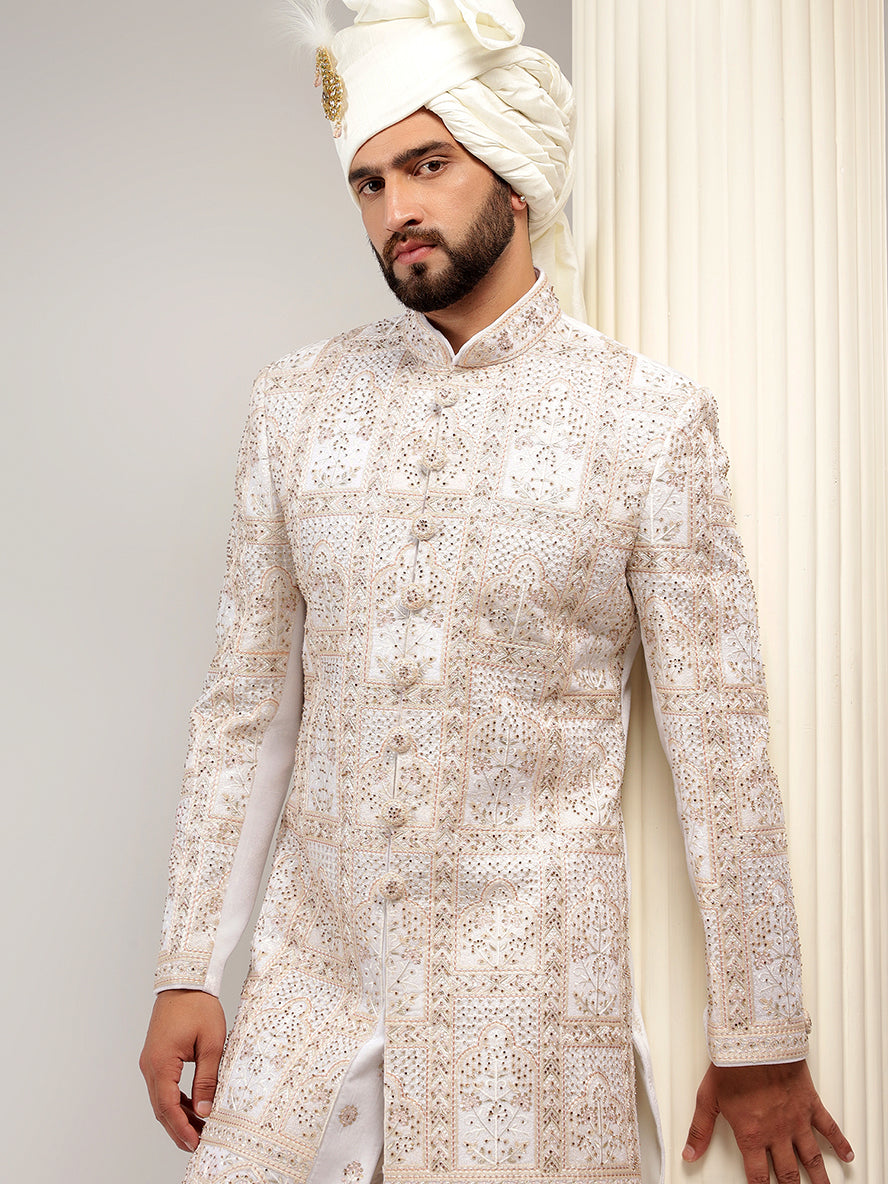 Enchanting Cream Color Self Embroidered Sherwani Set