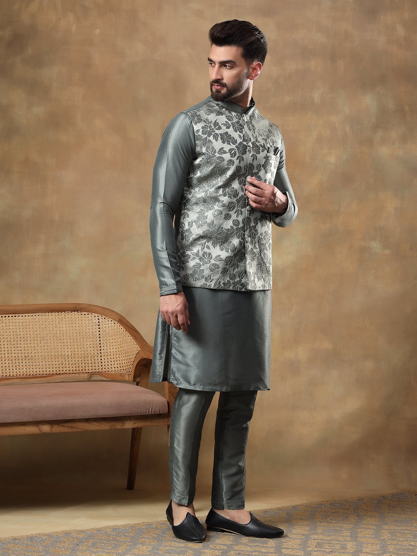 SAGE GREEN FLORAL PATTERNED KURTA JACKET SET