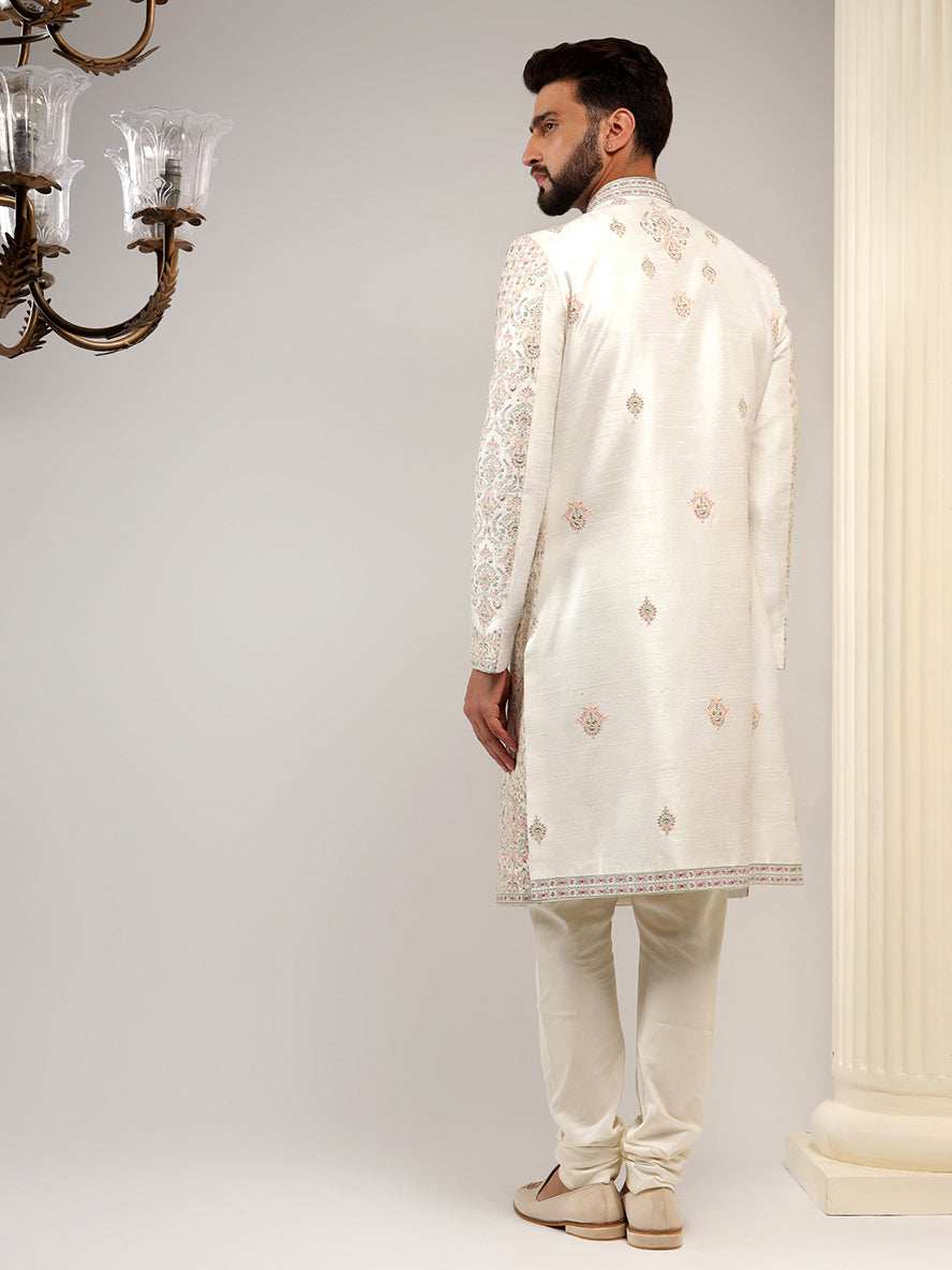 Pearl White Sherwani With Blush Pink Embroidery