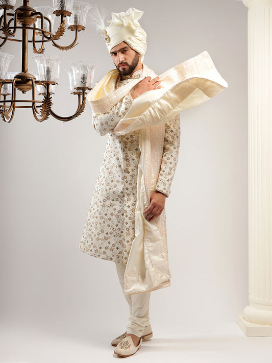 Pearled Ivory Floral Patterned Angrakha Style Sherwani Set