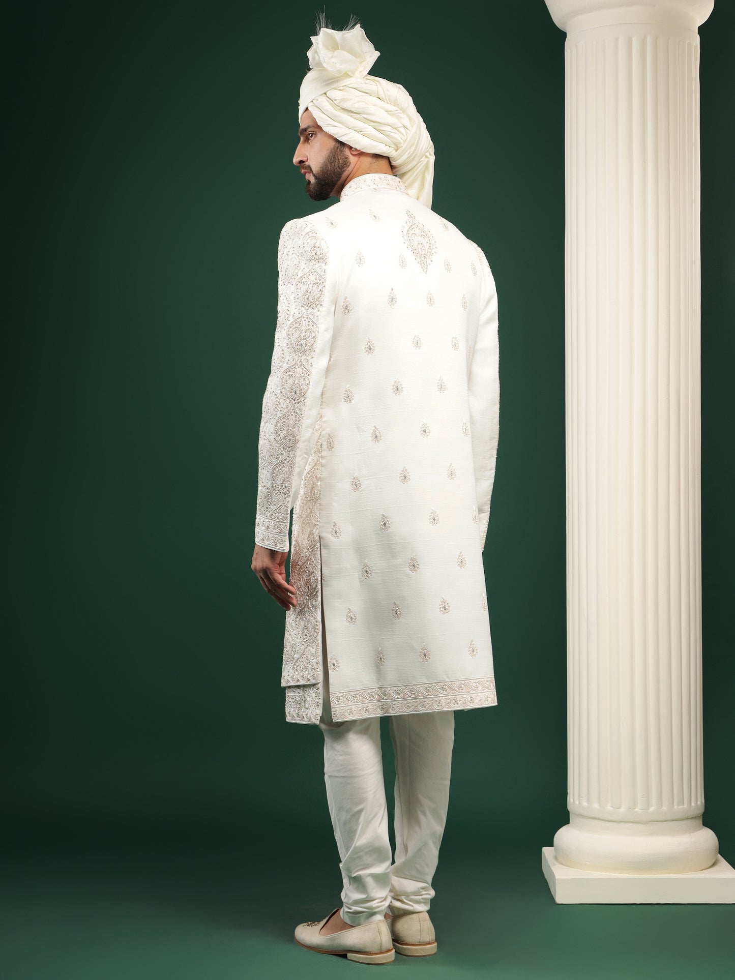 Pearl White Achkan Style Traditional Embroidery Sherwani